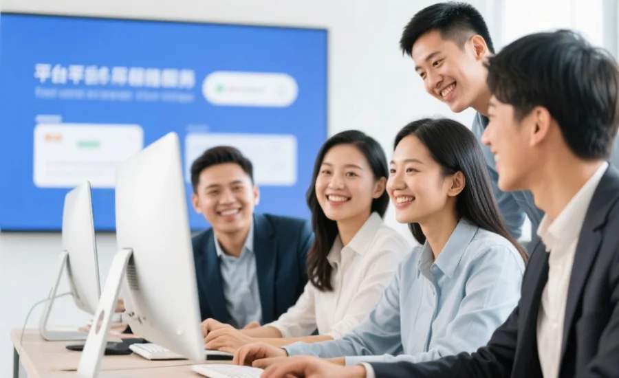 一群用户面带微笑地在电脑前交流，对平台的服务表示满意，展现出积极的氛围